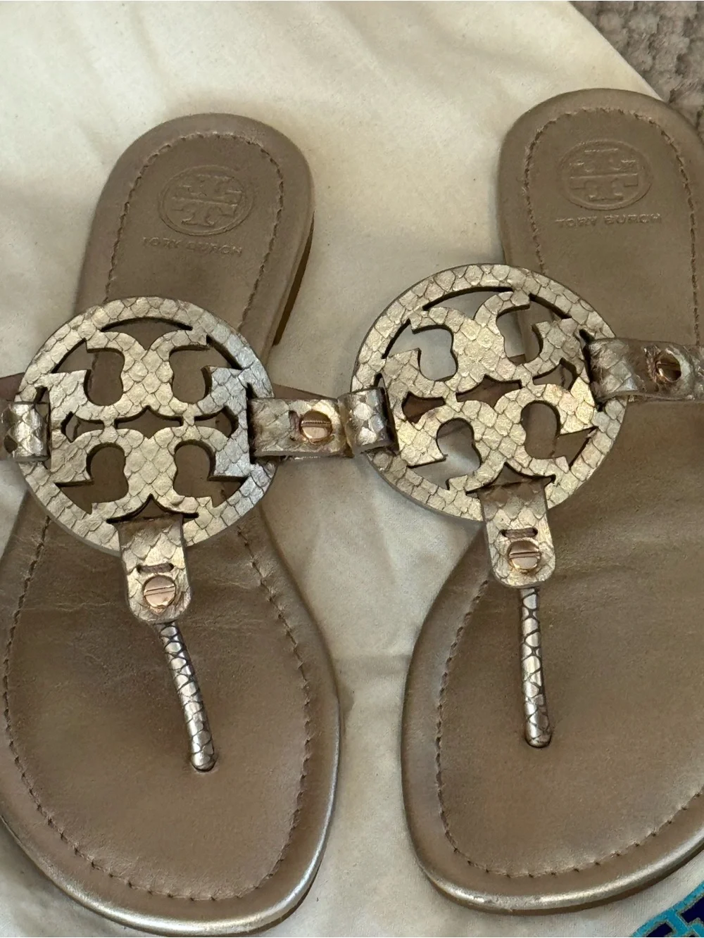 Tory Burch Gold Metallic Logo Thong Sandals